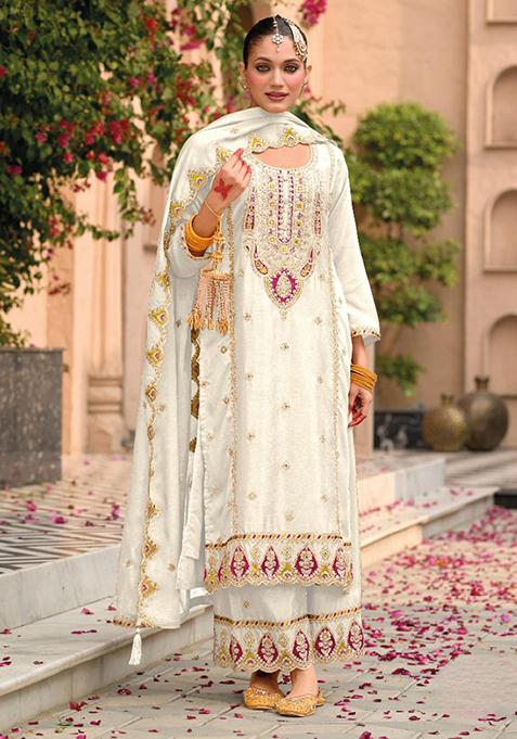 Beige Embroidered Silk Plazzo Set With Dupatta