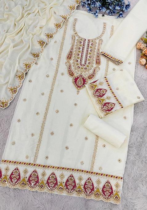 Beige Embroidered Silk Plazzo Set With Dupatta