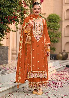Orange Embroidered Silk Plazzo Set With Dupatta