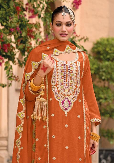 Orange Embroidered Silk Plazzo Set With Dupatta