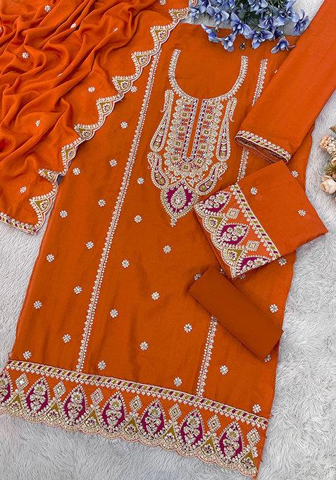 Orange Embroidered Silk Plazzo Set With Dupatta