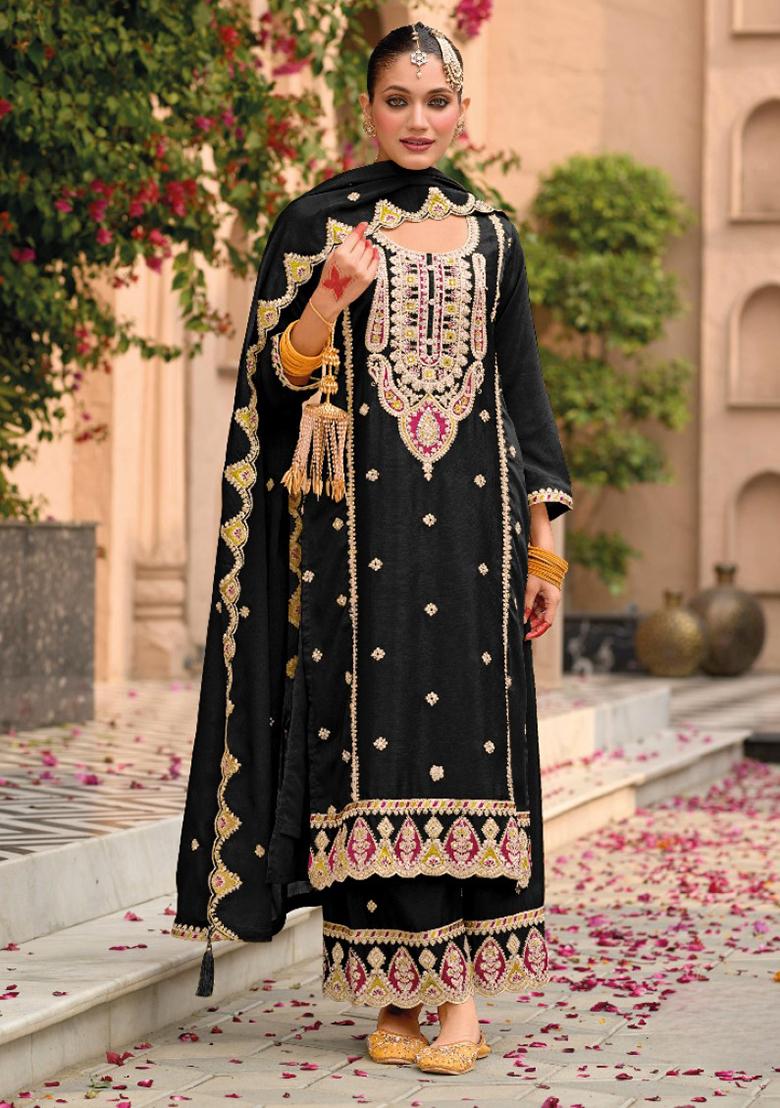 Black Embroidered Silk Plazzo Set With Dupatta