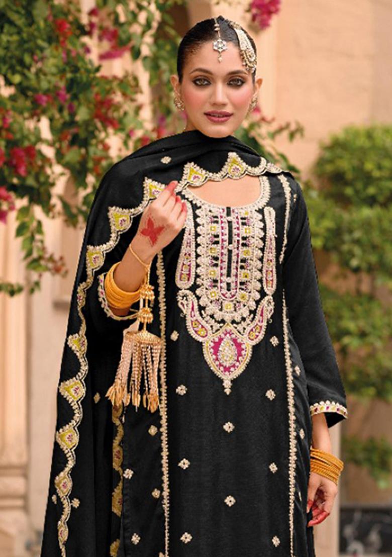 Black Embroidered Silk Plazzo Set With Dupatta