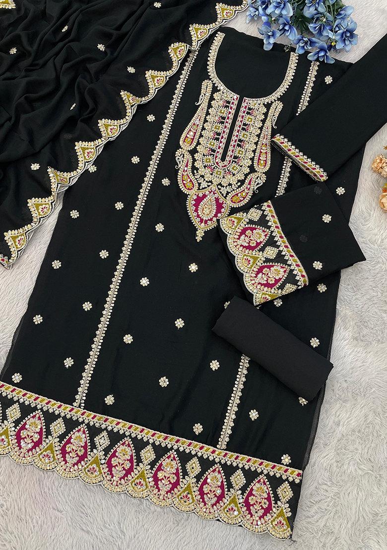 Black Embroidered Silk Plazzo Set With Dupatta