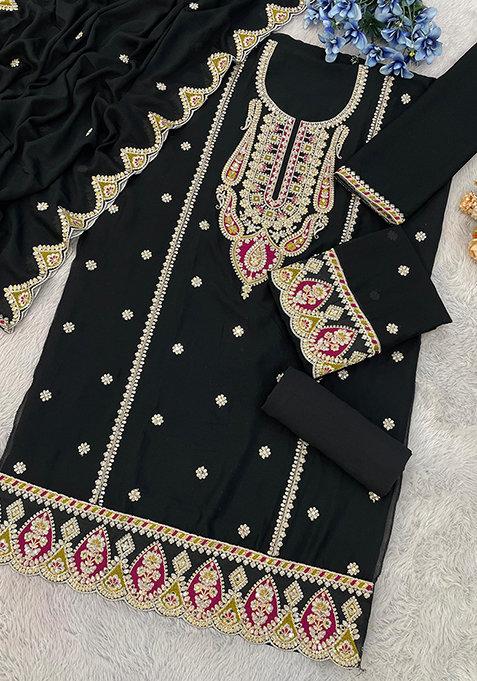 Black Embroidered Silk Plazzo Set With Dupatta