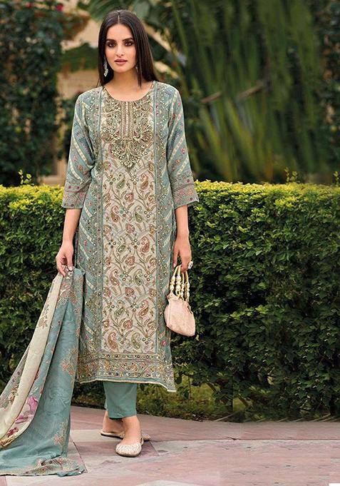 Light Blue Printed  Pure Viscose Plazzo Set With Dupatta