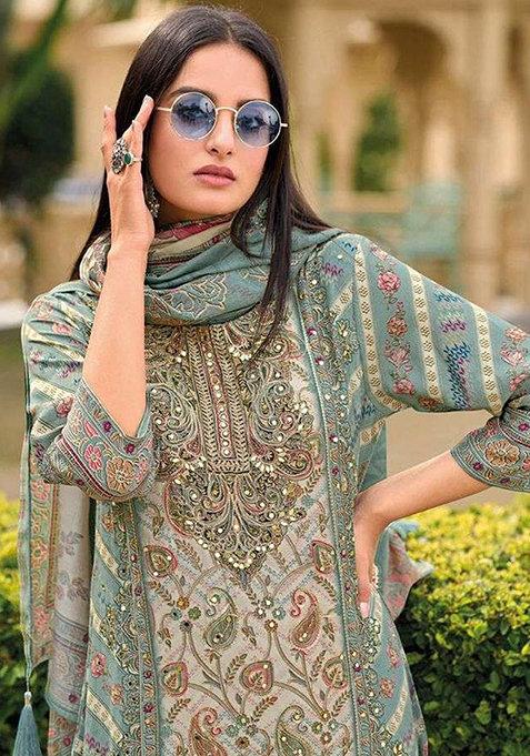 Light Blue Printed Pure Viscose Plazzo Set With Dupatta