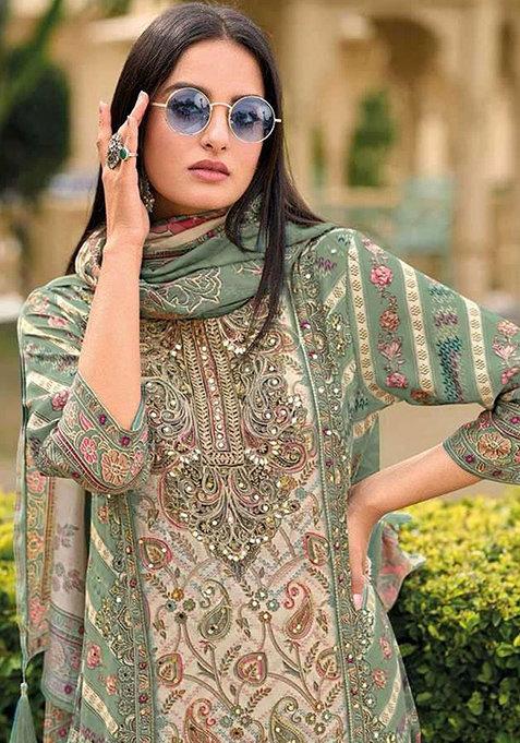Sea Green Printed Pure Viscose Plazzo Set With Dupatta