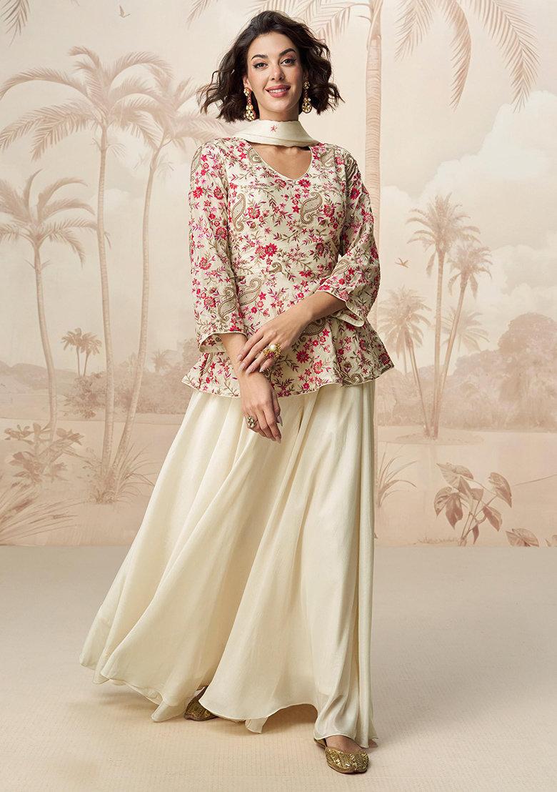 Cream Embroidered Georgette Salwar Kameez With Dupatta