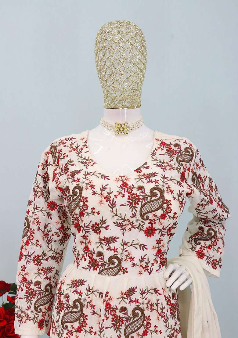 Cream Embroidered Georgette Salwar Kameez With Dupatta - Indya