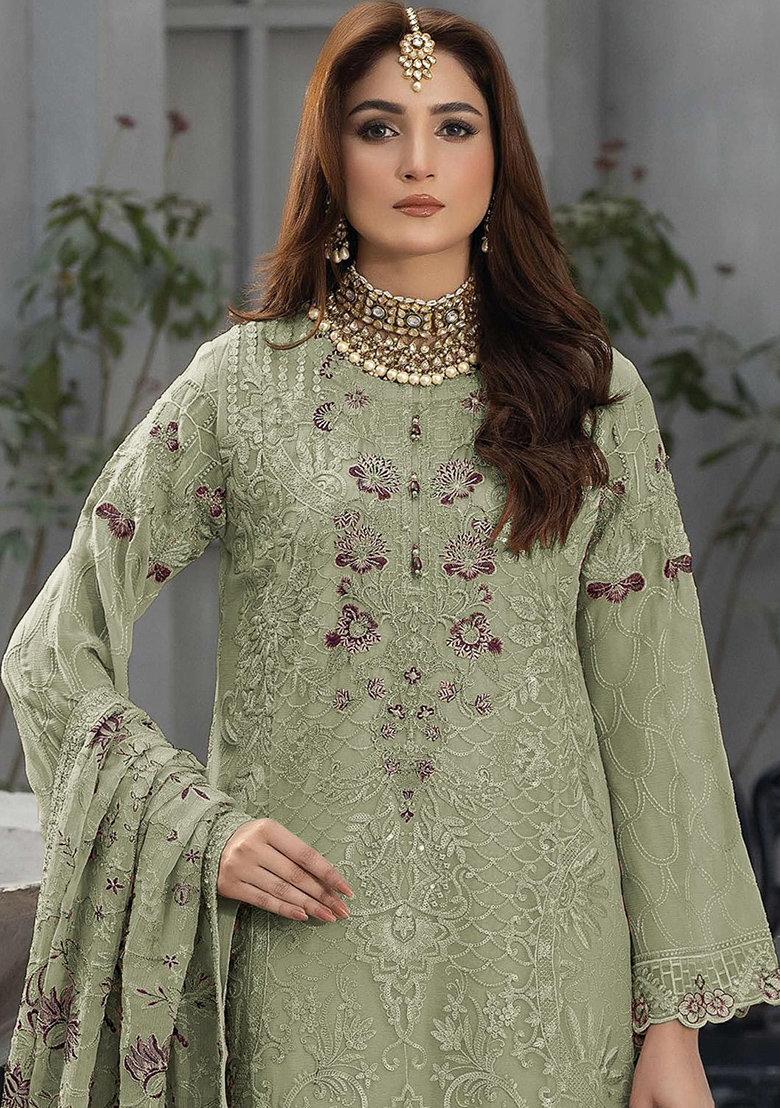 Light Sea Green Embroidered Georgette Salwar Kameez With Dupatta