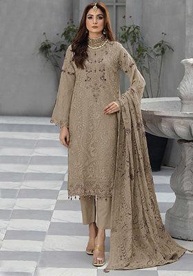 Brown Embroidered Georgette Salwar Kameez With Dupatta