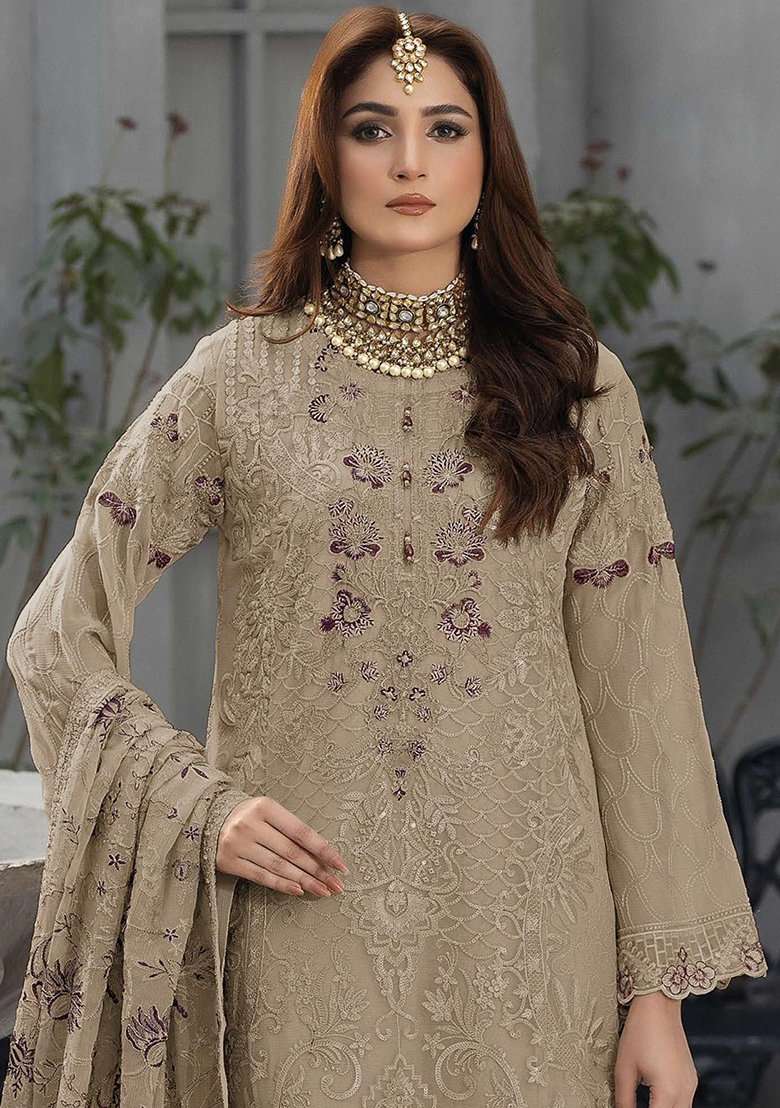 Brown Embroidered Georgette Pakistani Suit Set - Indya