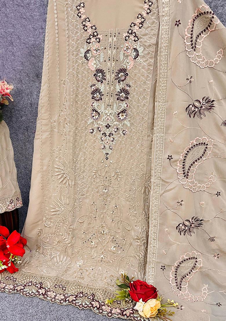 Brown Embroidered Georgette Salwar Kameez With Dupatta