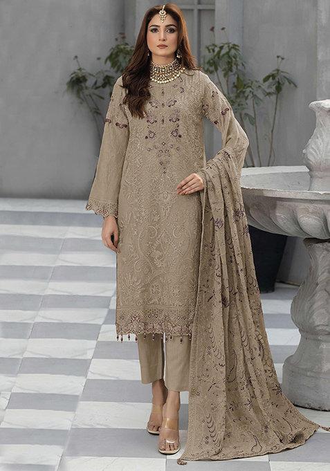Brown Embroidered Georgette Salwar Kameez With Dupatta