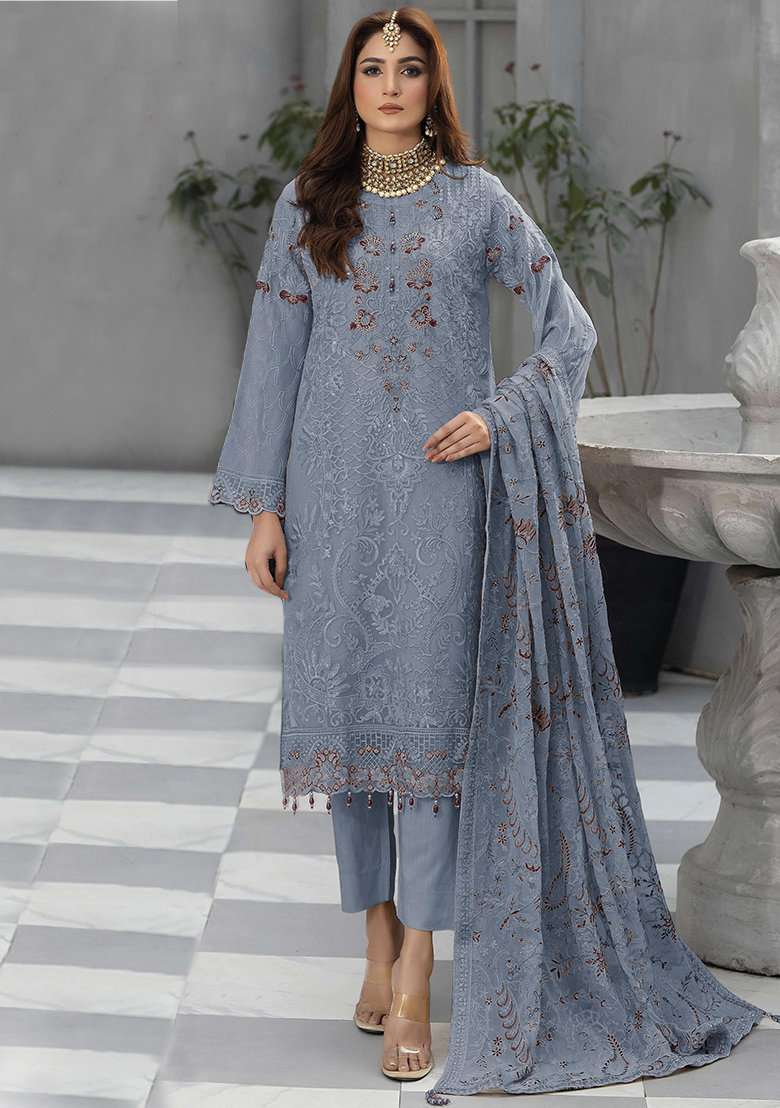 Light Blue Embroidered Georgette Pakistani Suit Set - Indya