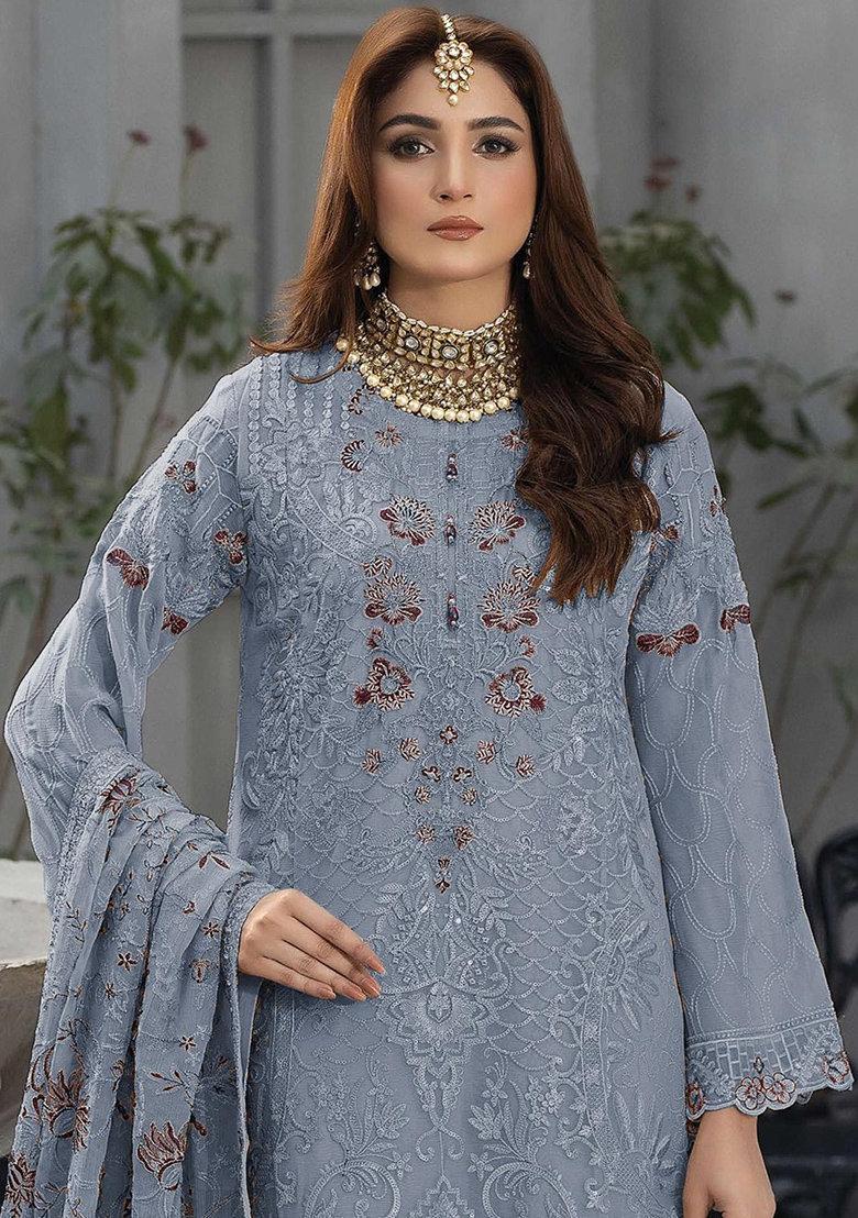 Light Blue Embroidered Georgette Salwar Kameez With Dupatta
