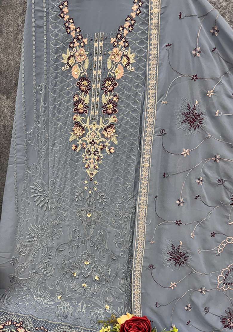Light Blue Embroidered Georgette Pakistani Suit Set - Indya