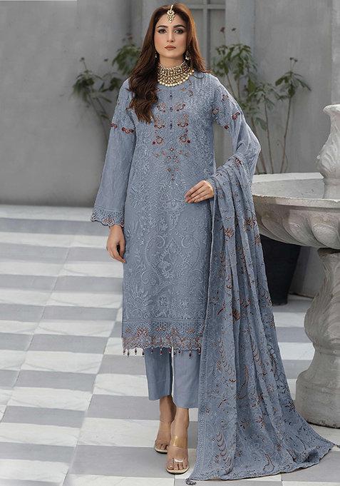 Light Blue Embroidered Georgette Salwar Kameez With Dupatta