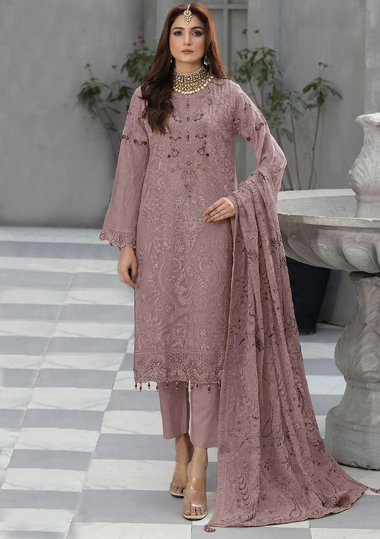 Light Pink Embroidered Georgette Pakistani Suit Set - Indya