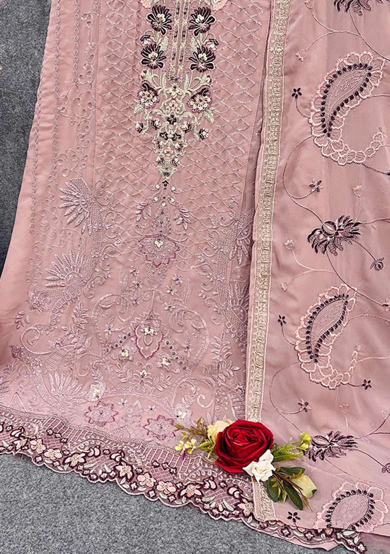 Light Pink Embroidered Georgette Pakistani Suit Set - Indya