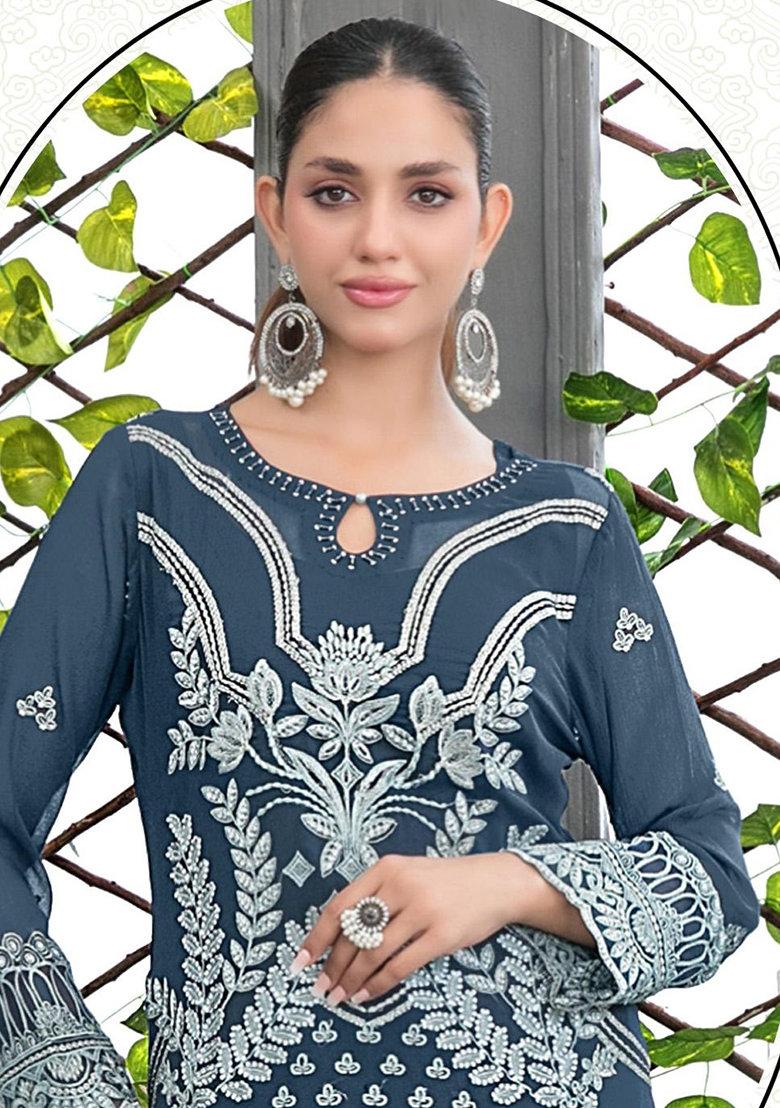 Light Blue Embroidered Georgette Salwar Kameez With Dupatta
