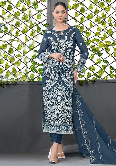 Light Blue Embroidered Georgette Salwar Kameez With Dupatta