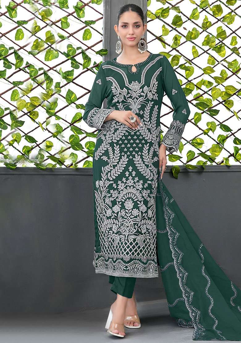 Green Embroidered Georgette Salwar Kameez With Dupatta - Indya