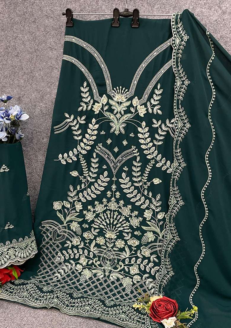 Green Embroidered Georgette Salwar Kameez With Dupatta - Indya