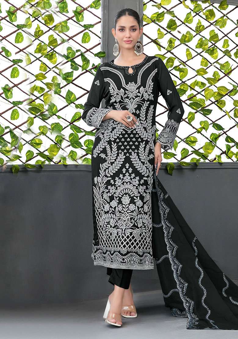 Black Embroidered Georgette Salwar Kameez With Dupatta - Indya