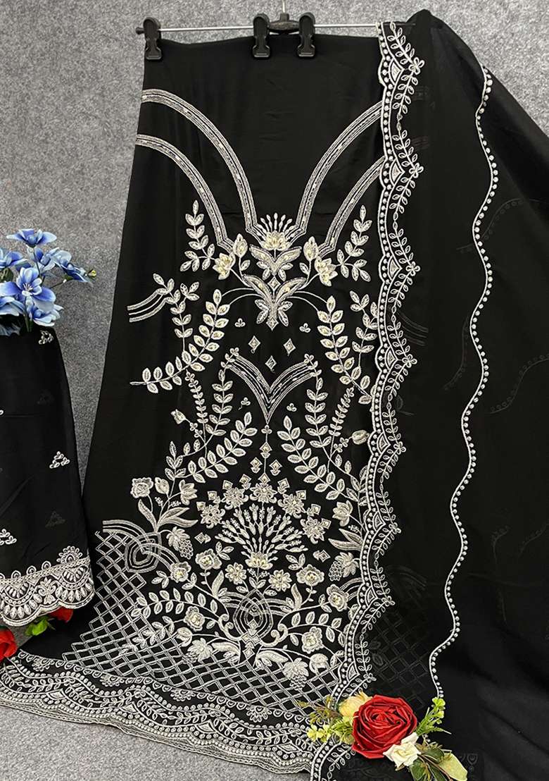 Black Embroidered Georgette Salwar Kameez With Dupatta - Indya