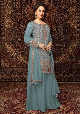 Sea Green Embroidered Silk Sharara Set With Dupatta