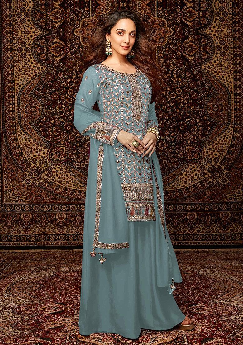 Sea Green Embroidered Silk Sharara Set With Dupatta