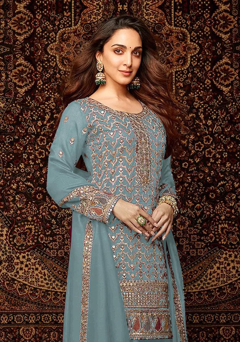 Sea Green Embroidered Silk Sharara Set With Dupatta