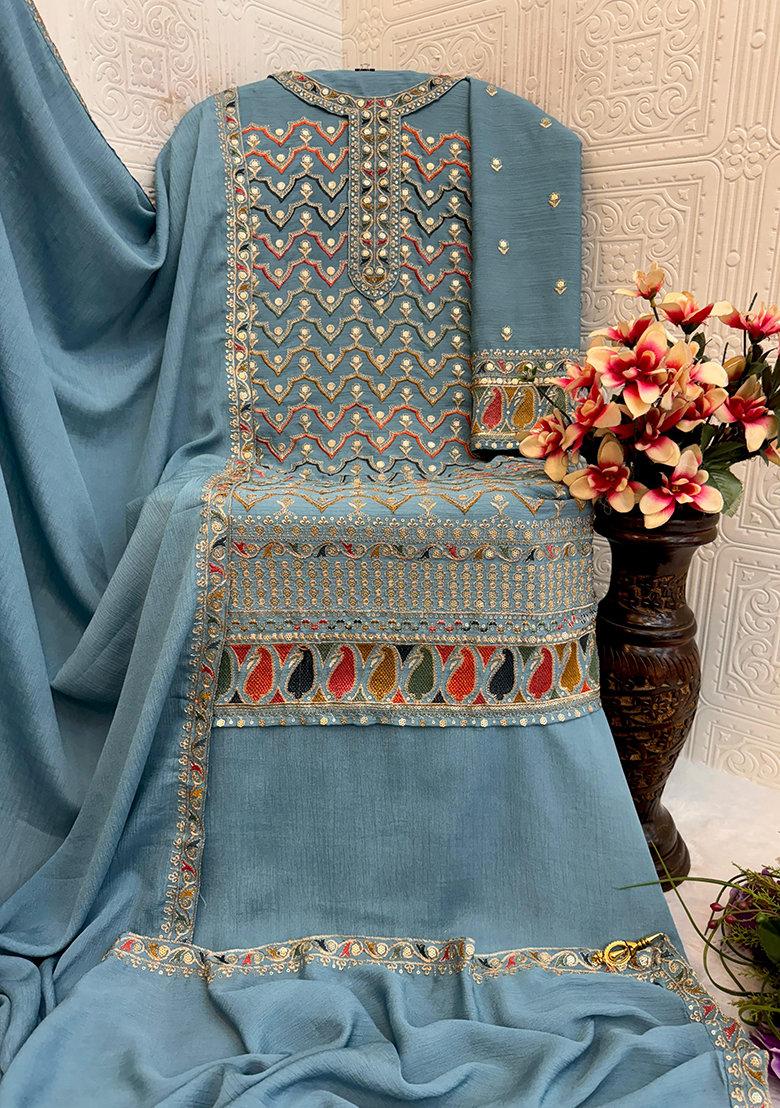 Sea Green Embroidered Silk Sharara Set With Dupatta