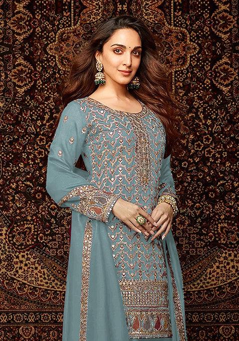 Sea Green Embroidered Silk Sharara Set With Dupatta