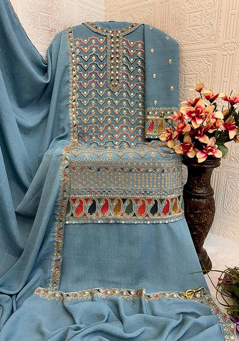 Sea Green Embroidered Silk Sharara Set With Dupatta