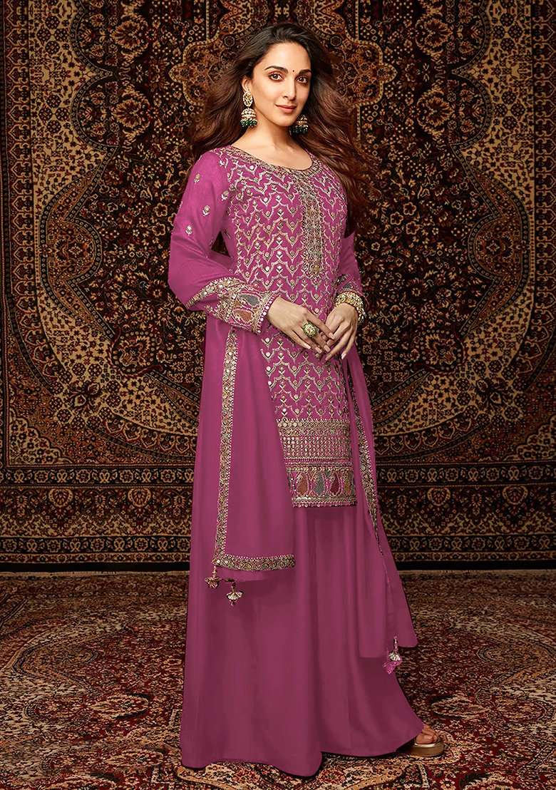 Dark Baby Pink Embroidered Silk Sharara Set With Dupatta - Indya