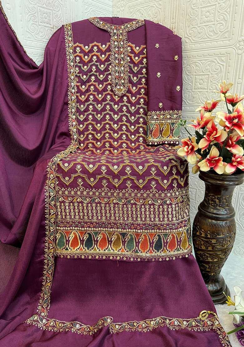 Dark Baby Pink Embroidered Silk Sharara Set With Dupatta - Indya