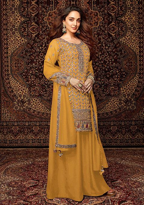 Yellow Embroidered Silk Sharara Set With Dupatta