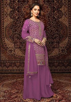 Magenta Embroidered Silk Sharara Set With Dupatta