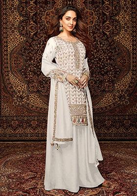 White Embroidered Silk Sharara Set With Dupatta