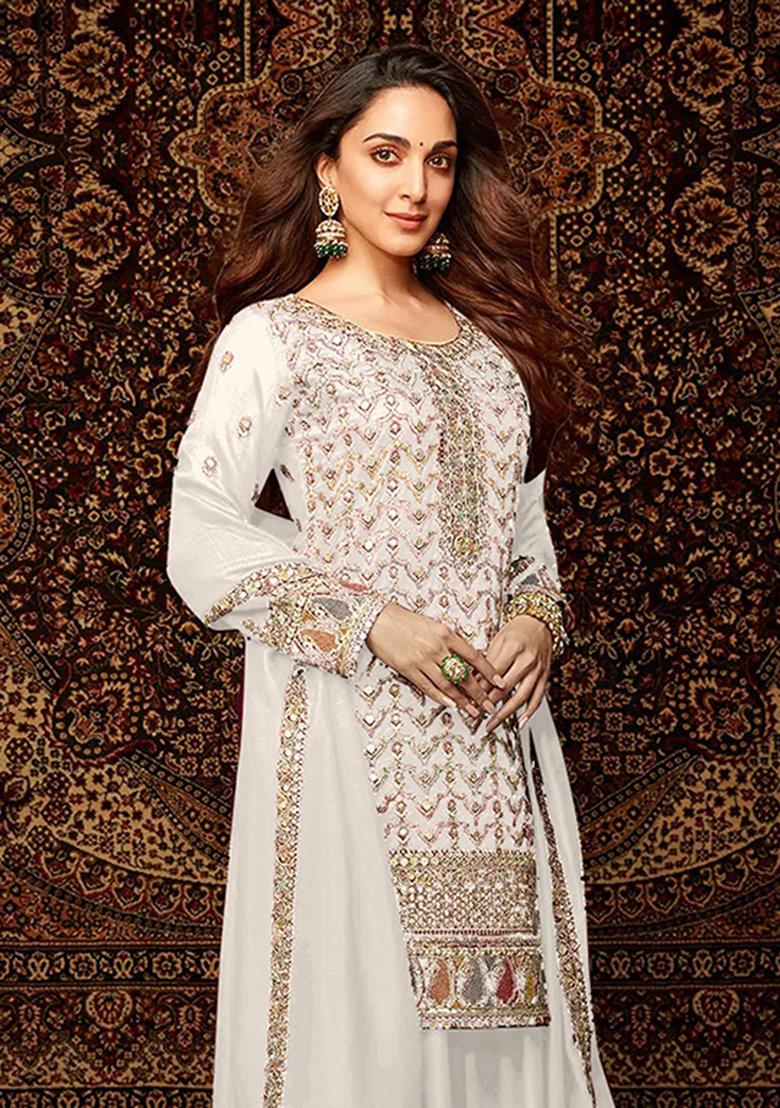 White Embroidered Silk Sharara Set With Dupatta