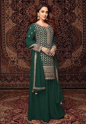 Dark Green Embroidered Silk Sharara Set With Dupatta