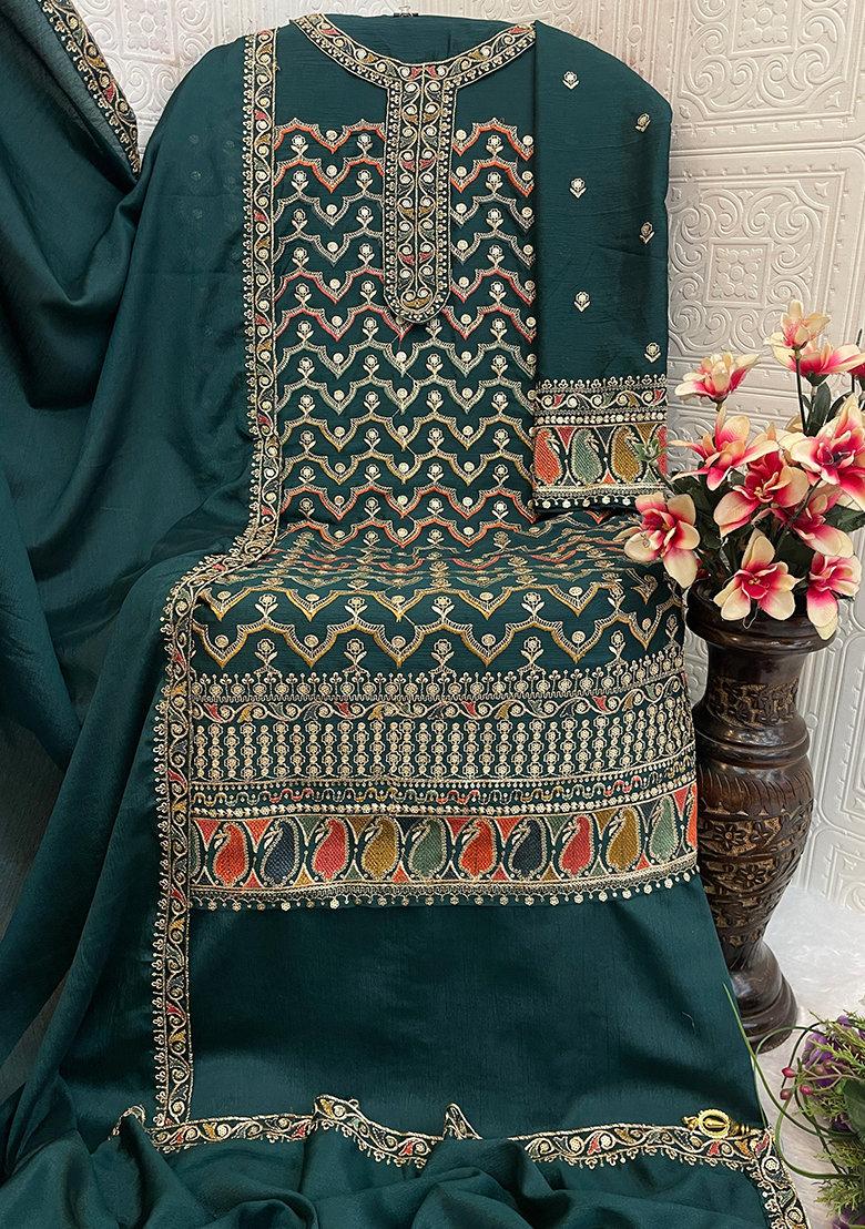 Dark Green Embroidered Silk Sharara Set With Dupatta