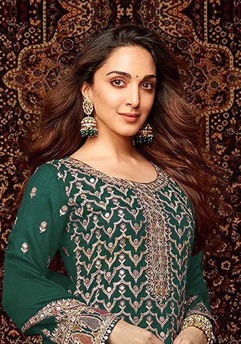 Dark Green Embroidered Silk Sharara Set With Dupatta