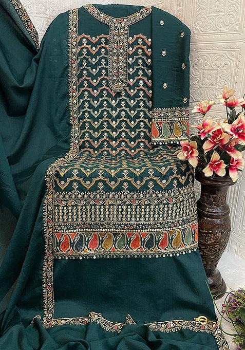 Dark Green Embroidered Silk Sharara Set With Dupatta