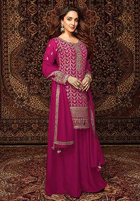 Maroon Embroidered Silk Sharara Set With Dupatta