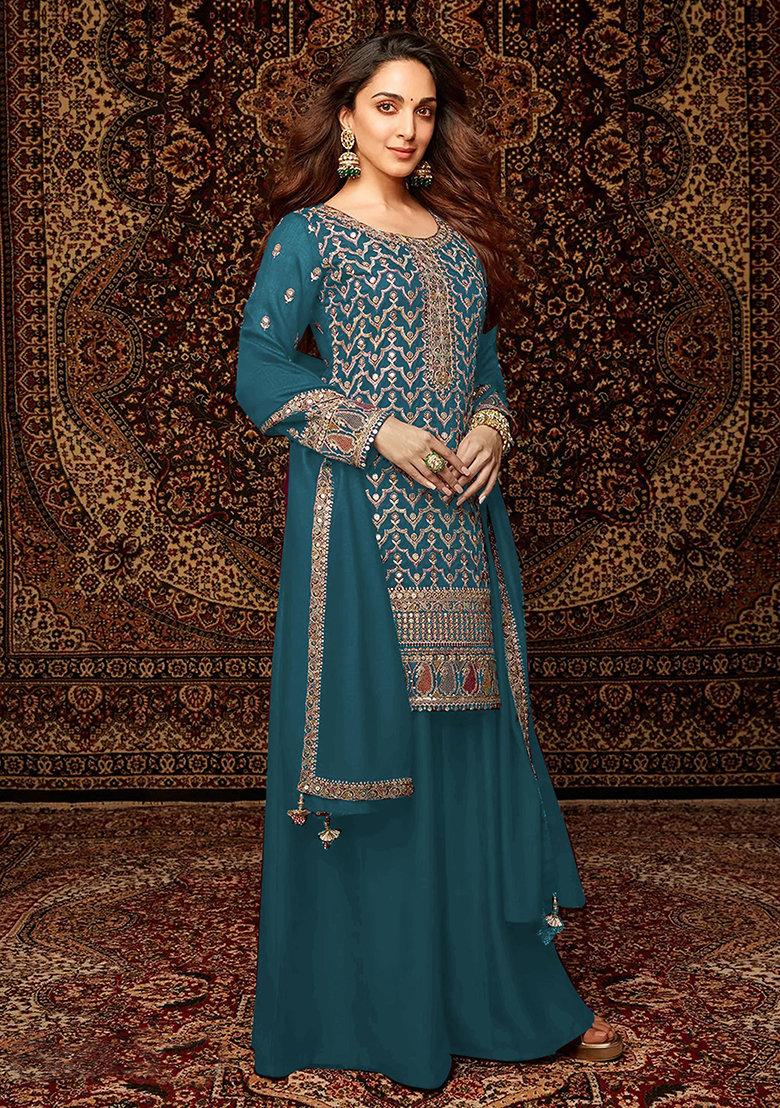 Teal Blue Embroidered Silk Sharara Set With Dupatta