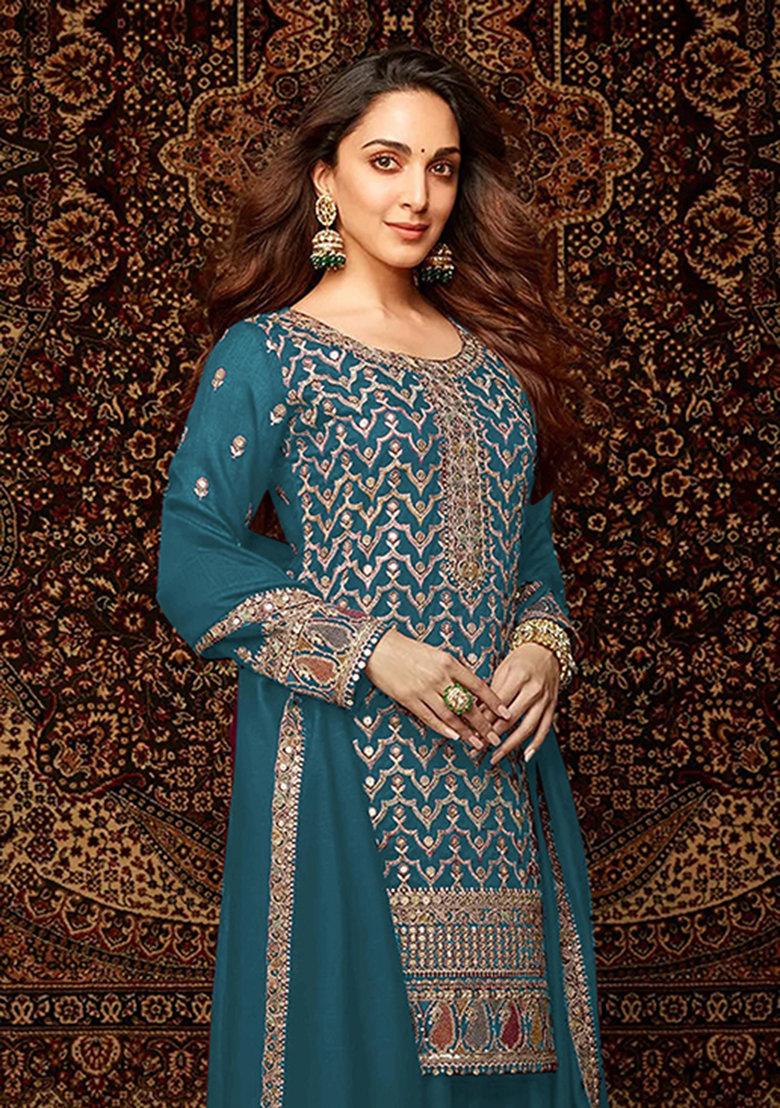 Teal Blue Embroidered Silk Sharara Set With Dupatta
